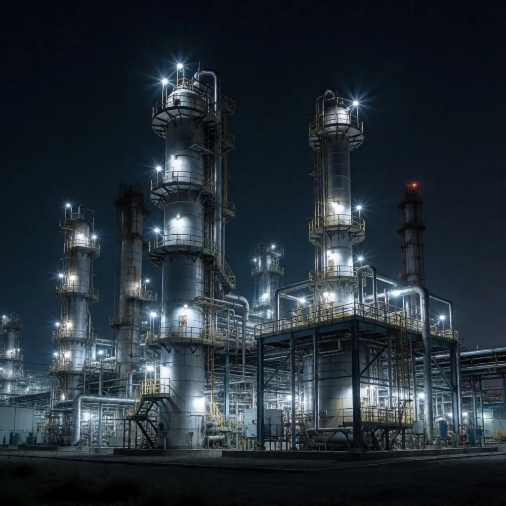 Refinería de petróleo iluminada de noche
