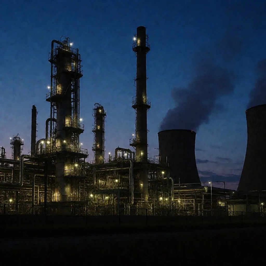 Refinería de petróleo al anochecer