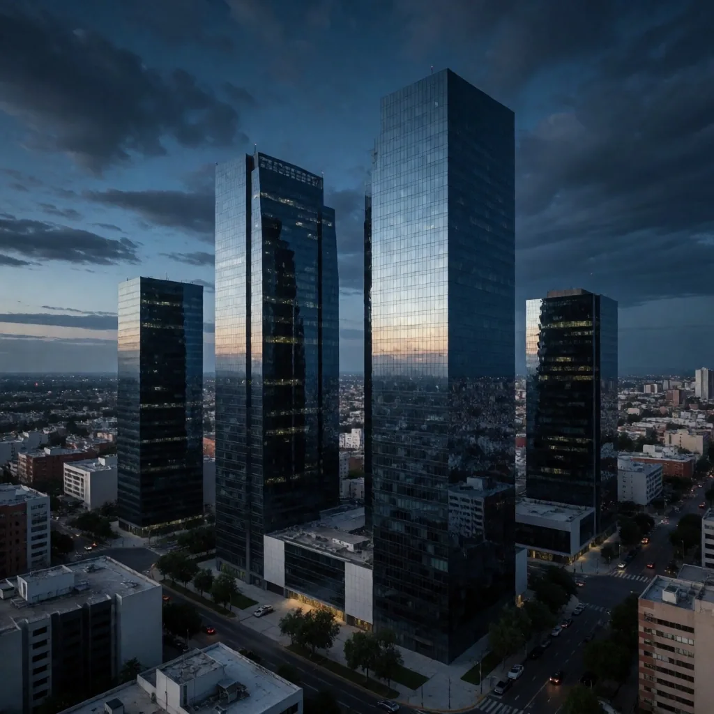 Skyline financiero de Monterrey al anochecer
