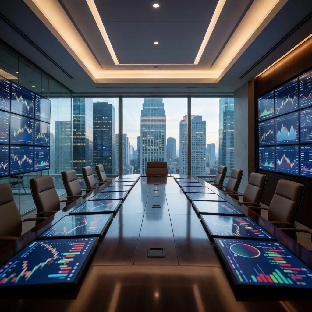 Sala de operaciones financieras con pantallas de mercado