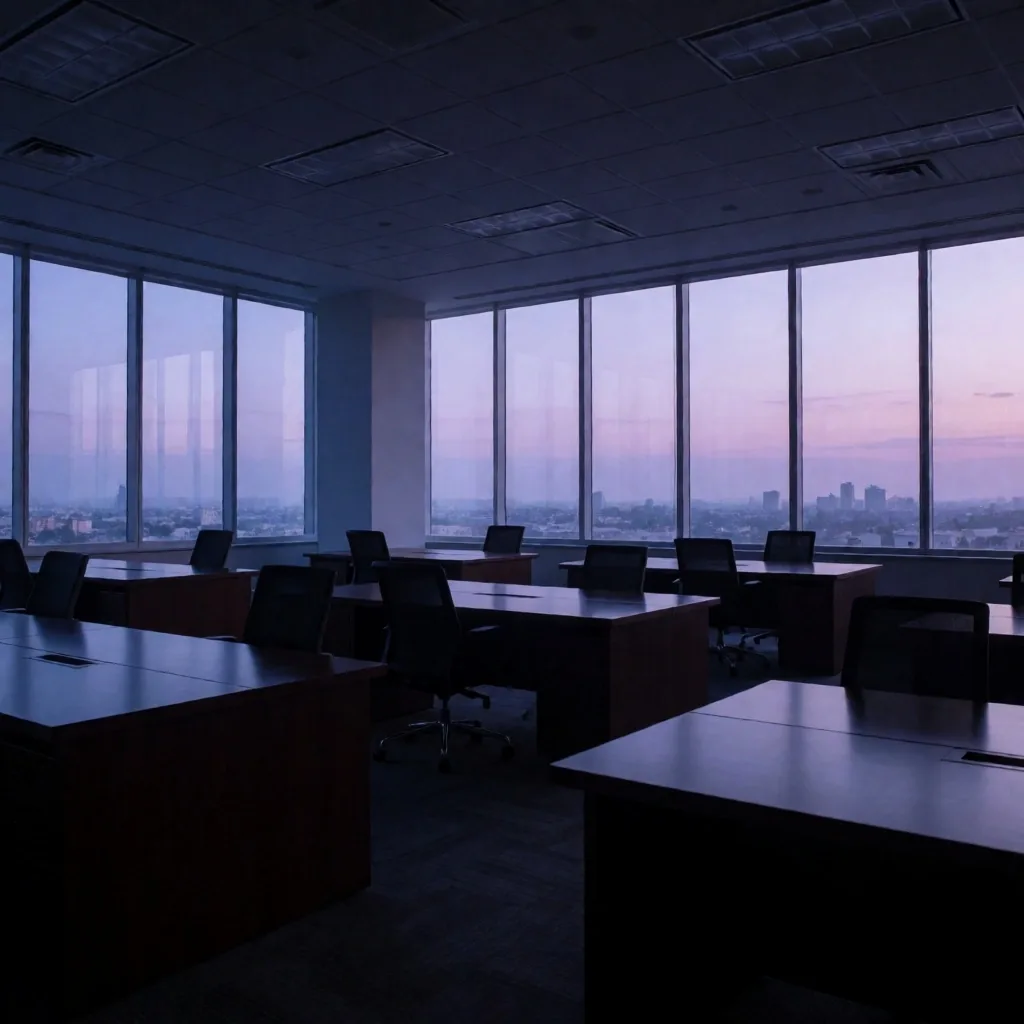 Sala de redacción con vista a la ciudad de Monterrey al atardecer
