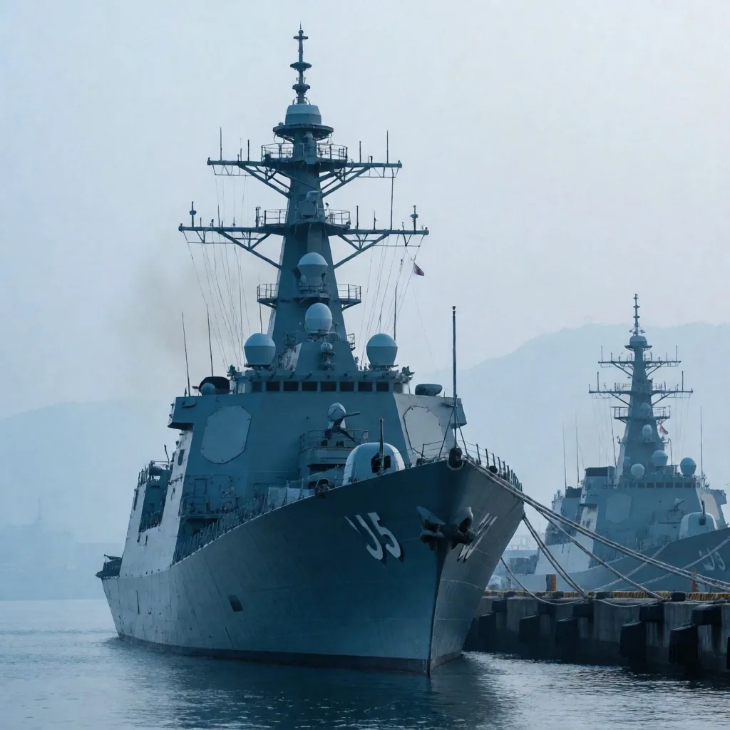 Destructor naval surcoreano en puerto con equipos de radar visibles