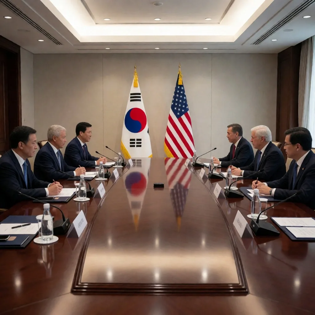 Sala de reuniones diplomáticas con bandas de Corea del Sur y Estados Unidos