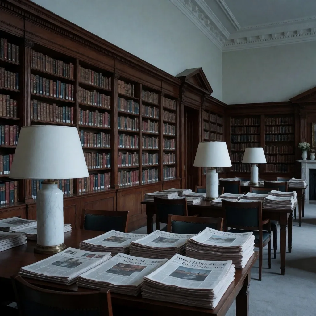 Sala de lectura editorial con luz de tarde