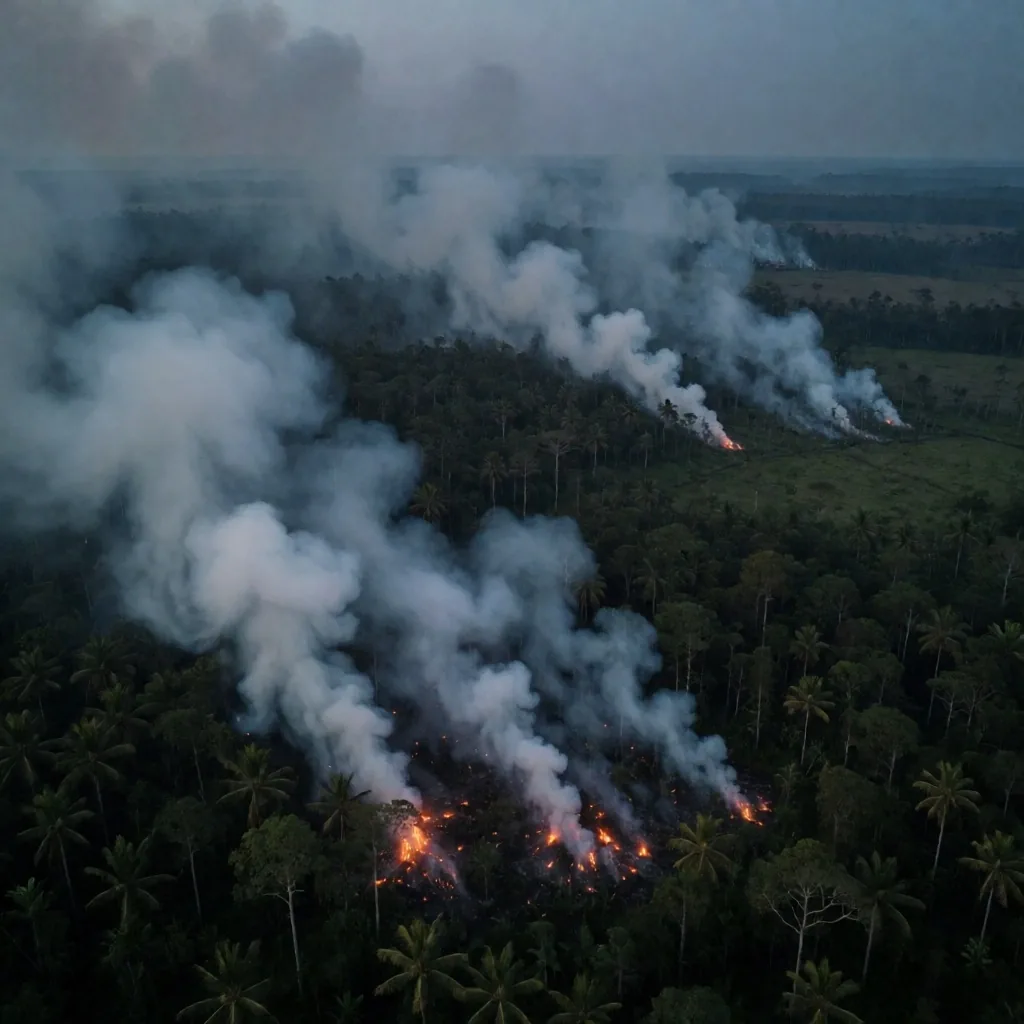 Incendios forestales en Indonesia vistos desde el aire al atardecer