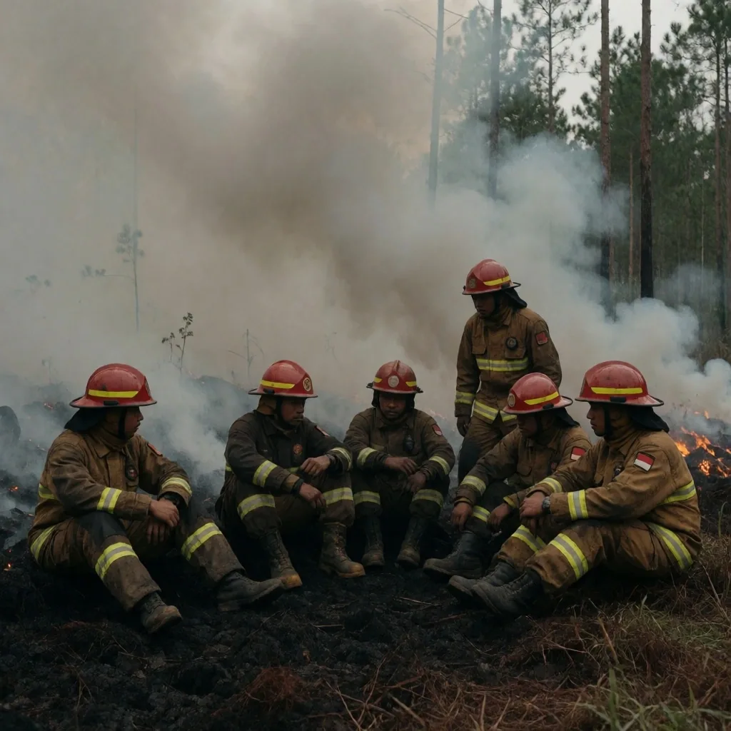 Voluntarios bomberos descansando cerca de un incendio de turbera en Indonesia