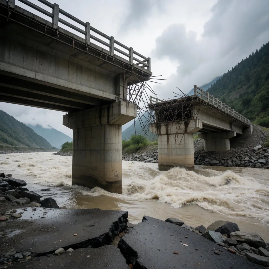 Puente de carretera colapsado por inundaciones en Nepal
