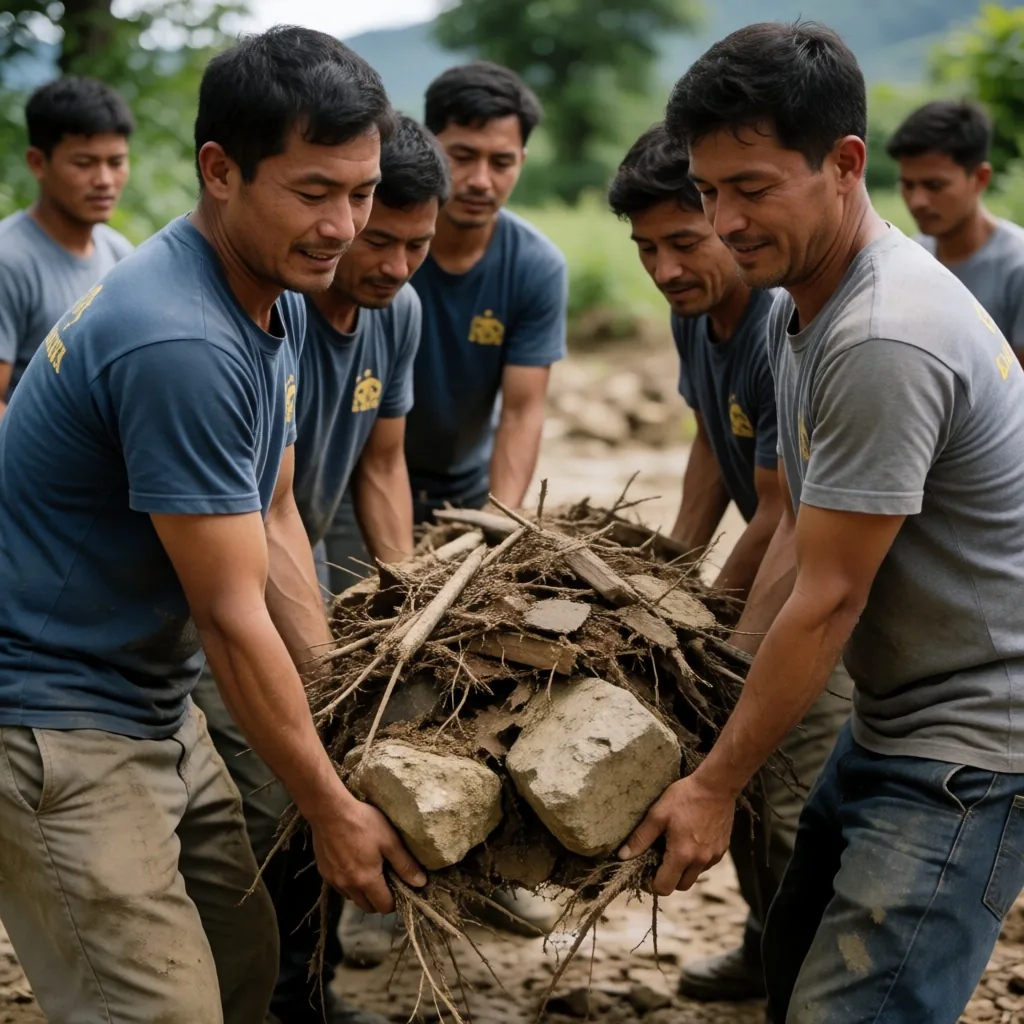 Voluntarios comunitarios nepalíes tras las inundaciones