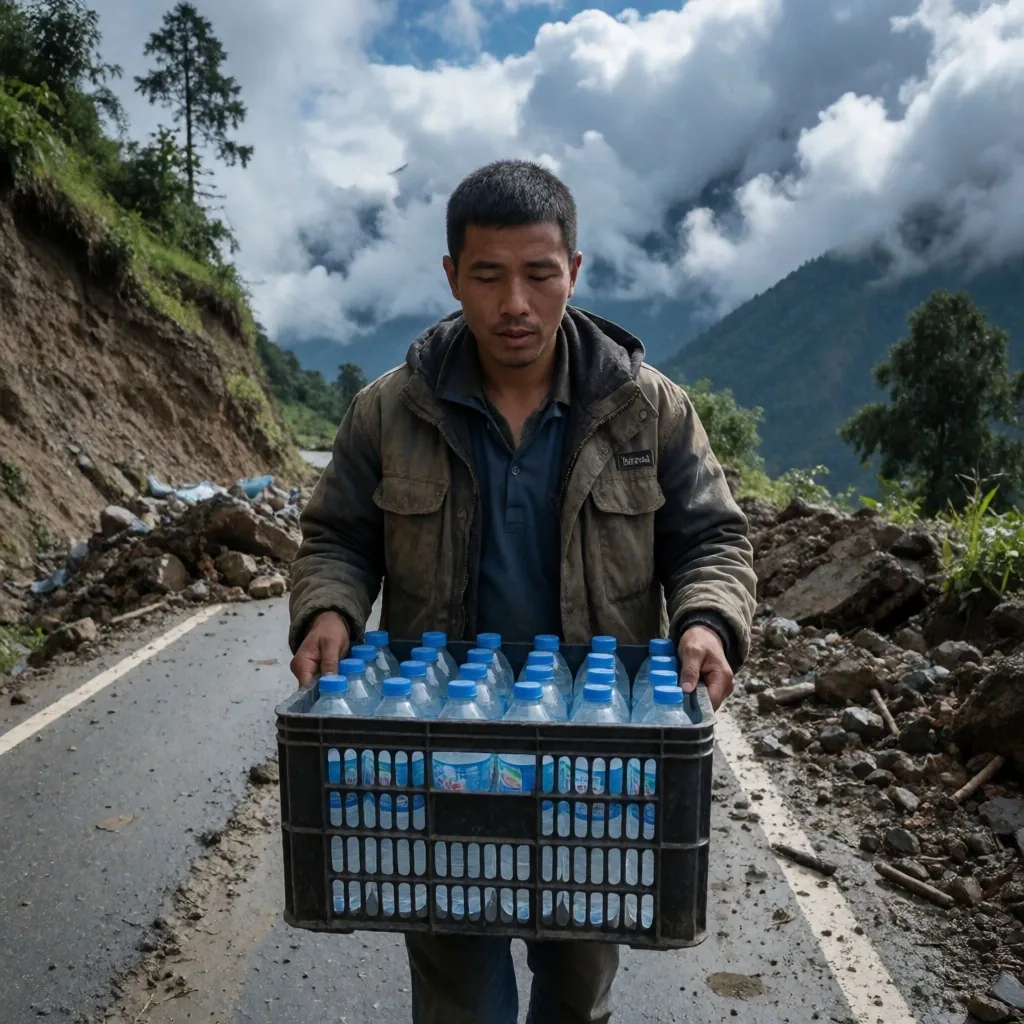Voluntarios y rescatistas transportan suministros por carretera dañada en Nepal