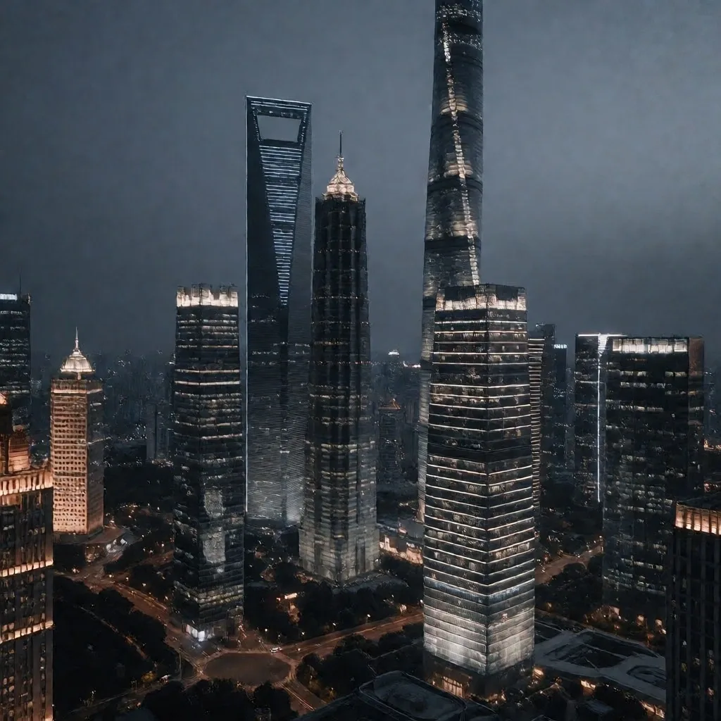Distrito financiero de Pudong en Shanghái al atardecer