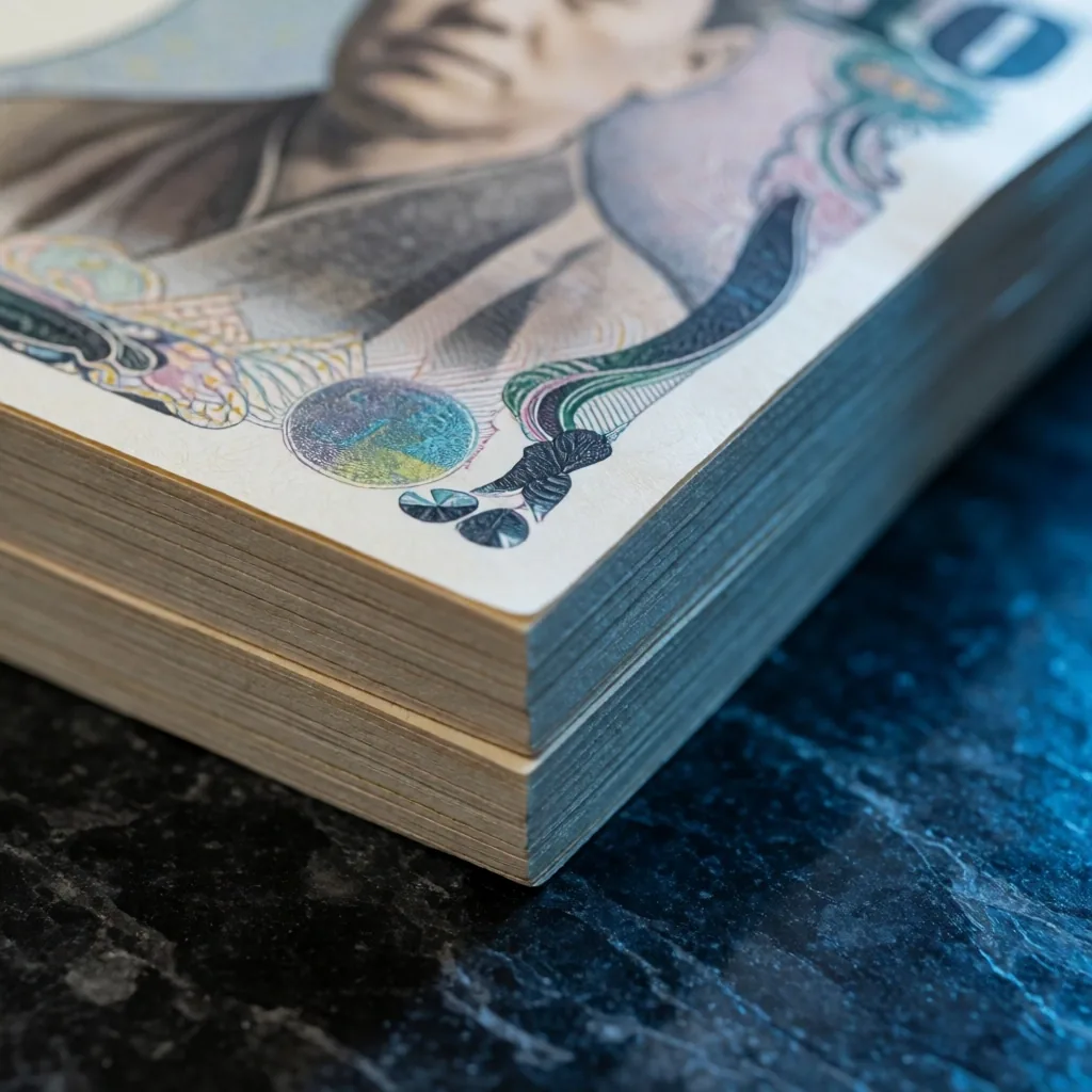 Billetes de yen japonés apilados sobre superficie oscura