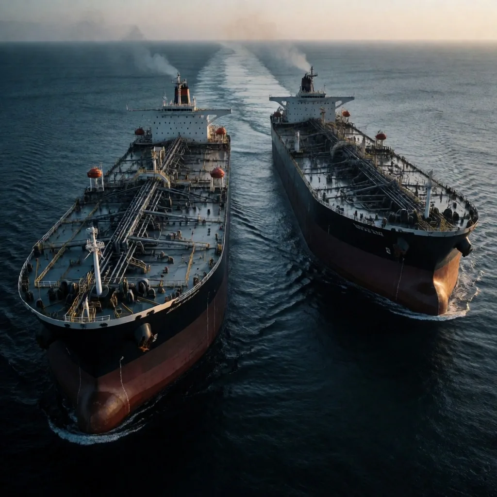 Buques petroleros en un estrecho estratégico al amanecer