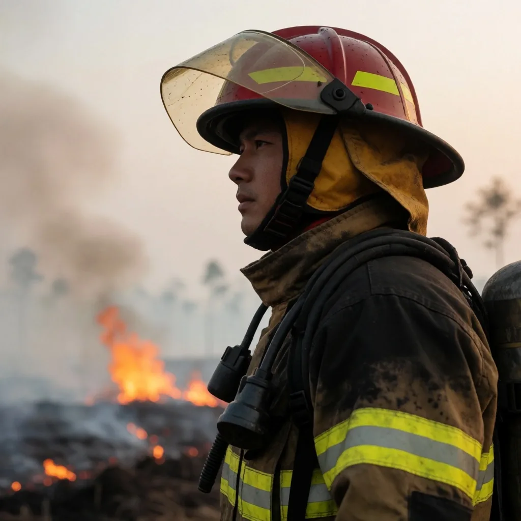 Humo de incendios forestales sobre línea de árboles tropicales al atardecer