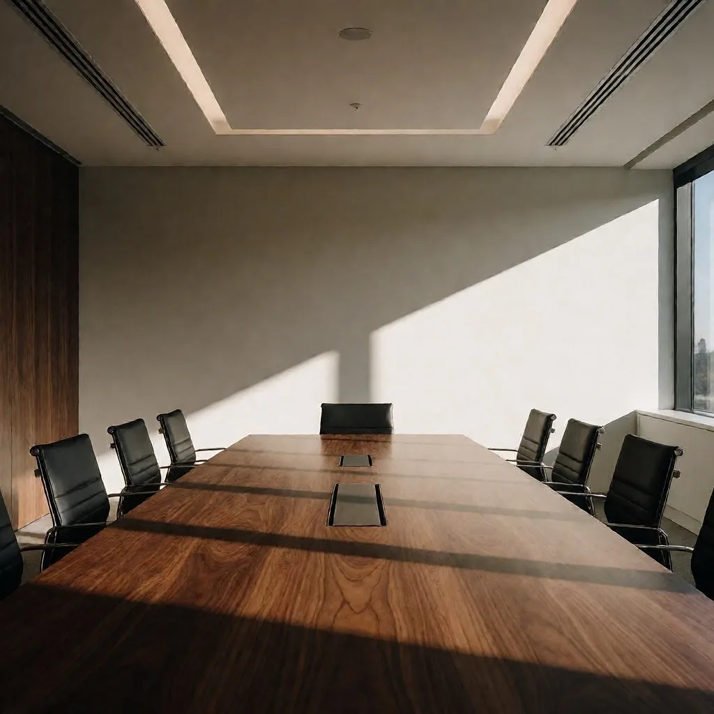 Sala de juntas ejecutiva con luz de tarde y sombras definidas