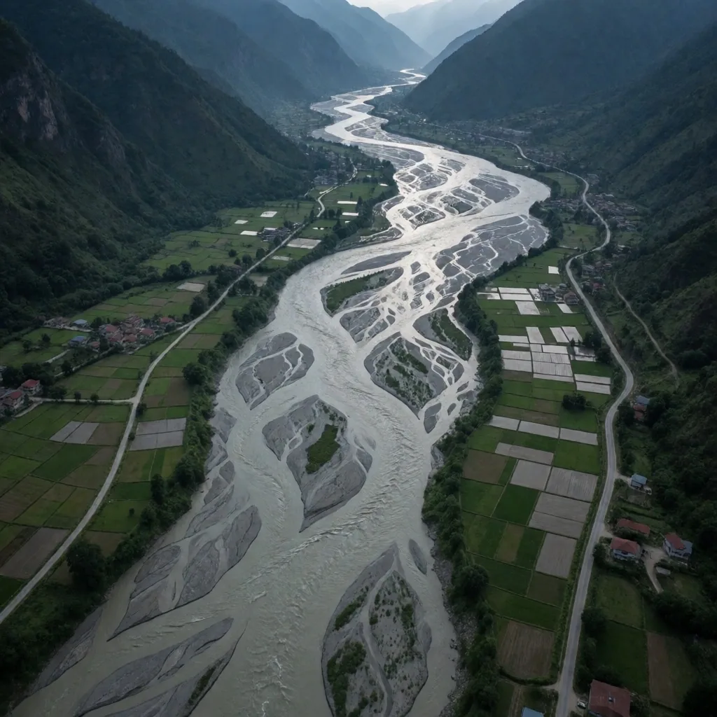 Valle inundado visto desde el aire tras lluvias estacionales