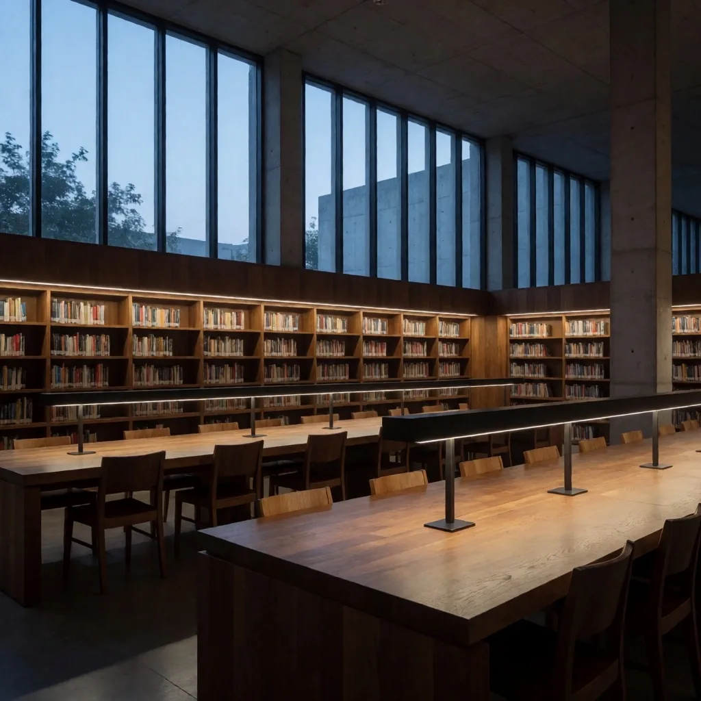 Sala de lectura editorial al atardecer