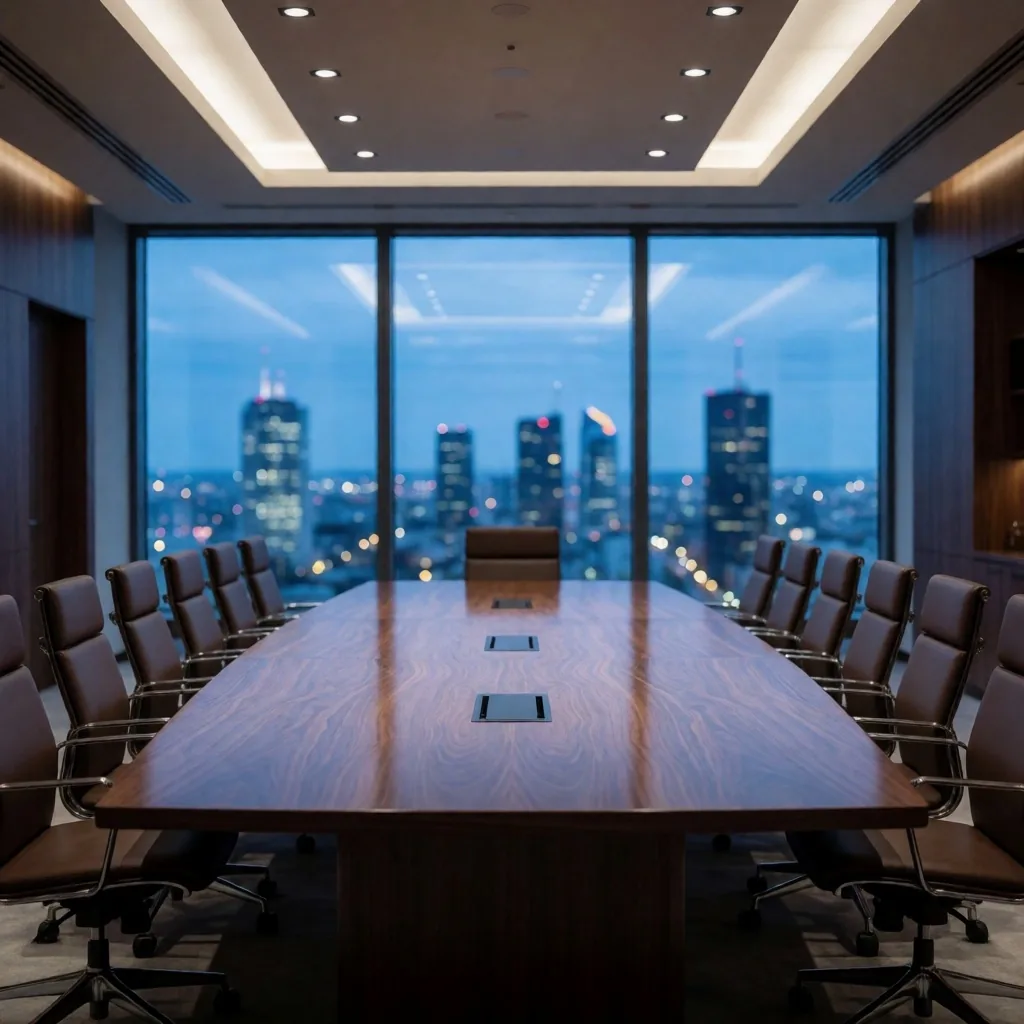 Sala de juntas del distrito financiero al atardecer