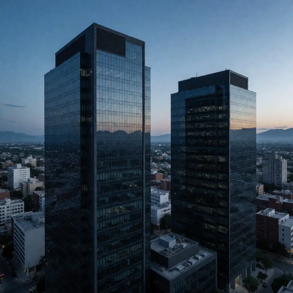 Skyline financiero de Monterrey al anochecer